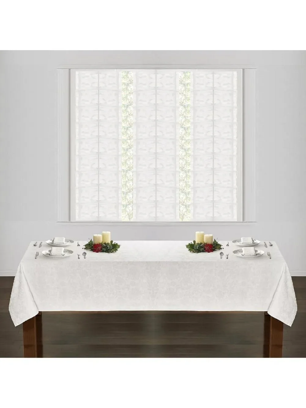 brand new WHITE Holiday Medley Damask 60x120 inch Tablecloth (Seats 10 to 12)